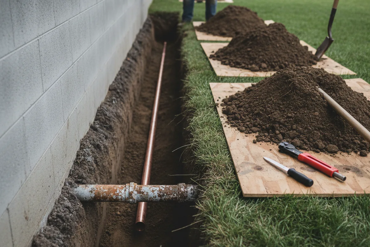 Excavated water line trench during Water Softener Installation in Wind Gap